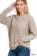 Hi-low Long Sleeve Round Neck Waffle Sweater