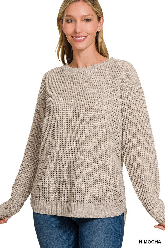 Hi-low Long Sleeve Round Neck Waffle Sweater