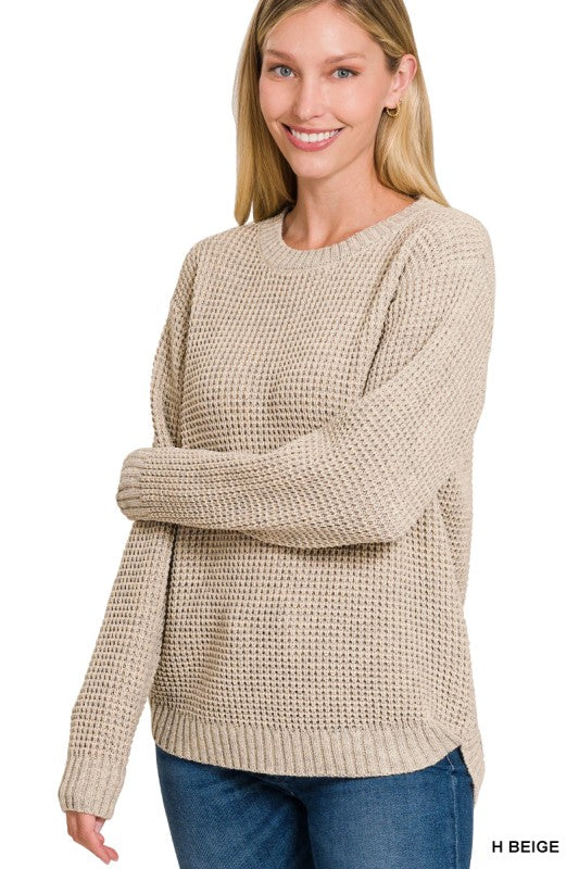 Hi-low Long Sleeve Round Neck Waffle Sweater